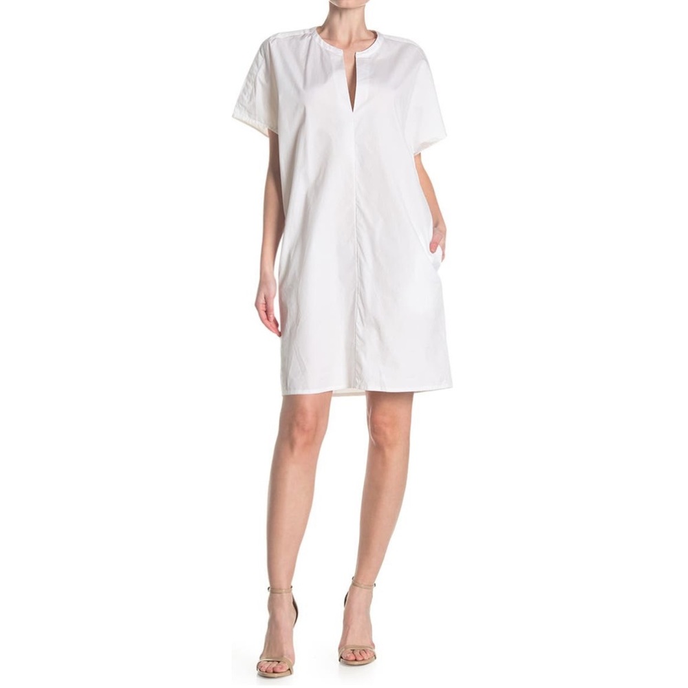 Vince Split V Neck Short Sleeve Cotton Boxy Shift Dress Knee Length White S NWT
